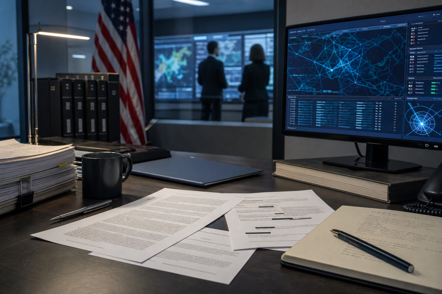 Editorial legal-tech image for an AI procurement dispute involving national security controls, vendor restrictions, and the boundary between procurement pressure and sovereign coercion.