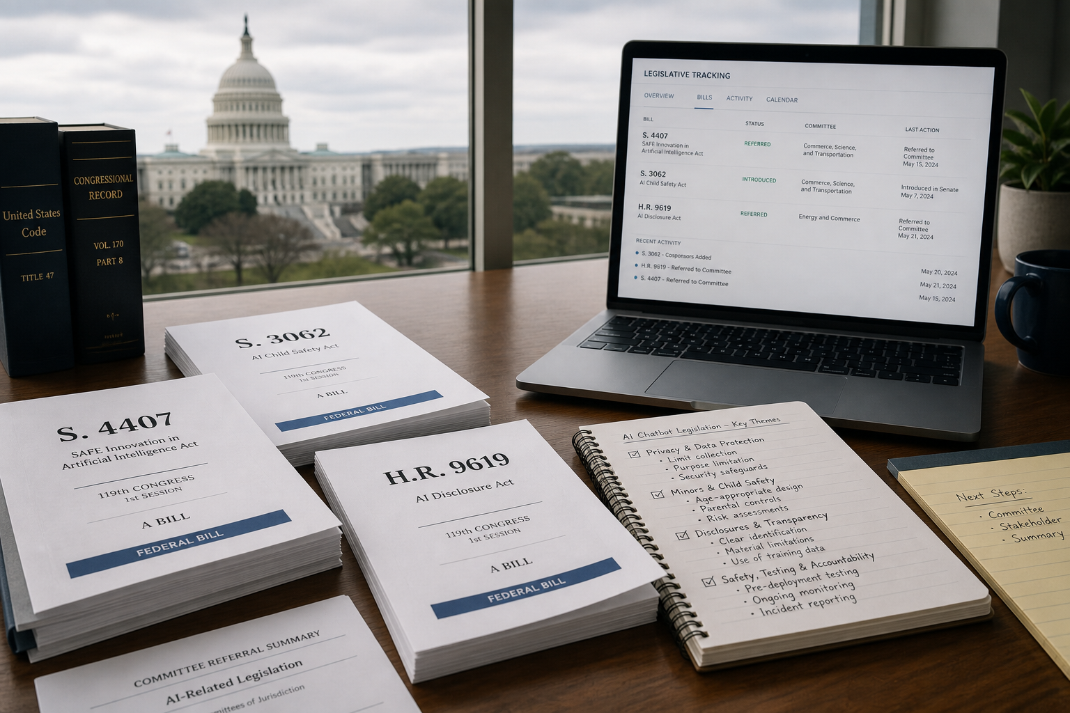 Federal AI chatbot legislation briefing desk with bill packets for S. 4407, S. 3062, and H.R. 9619, a legislative-tracking laptop, and Capitol context in the background.