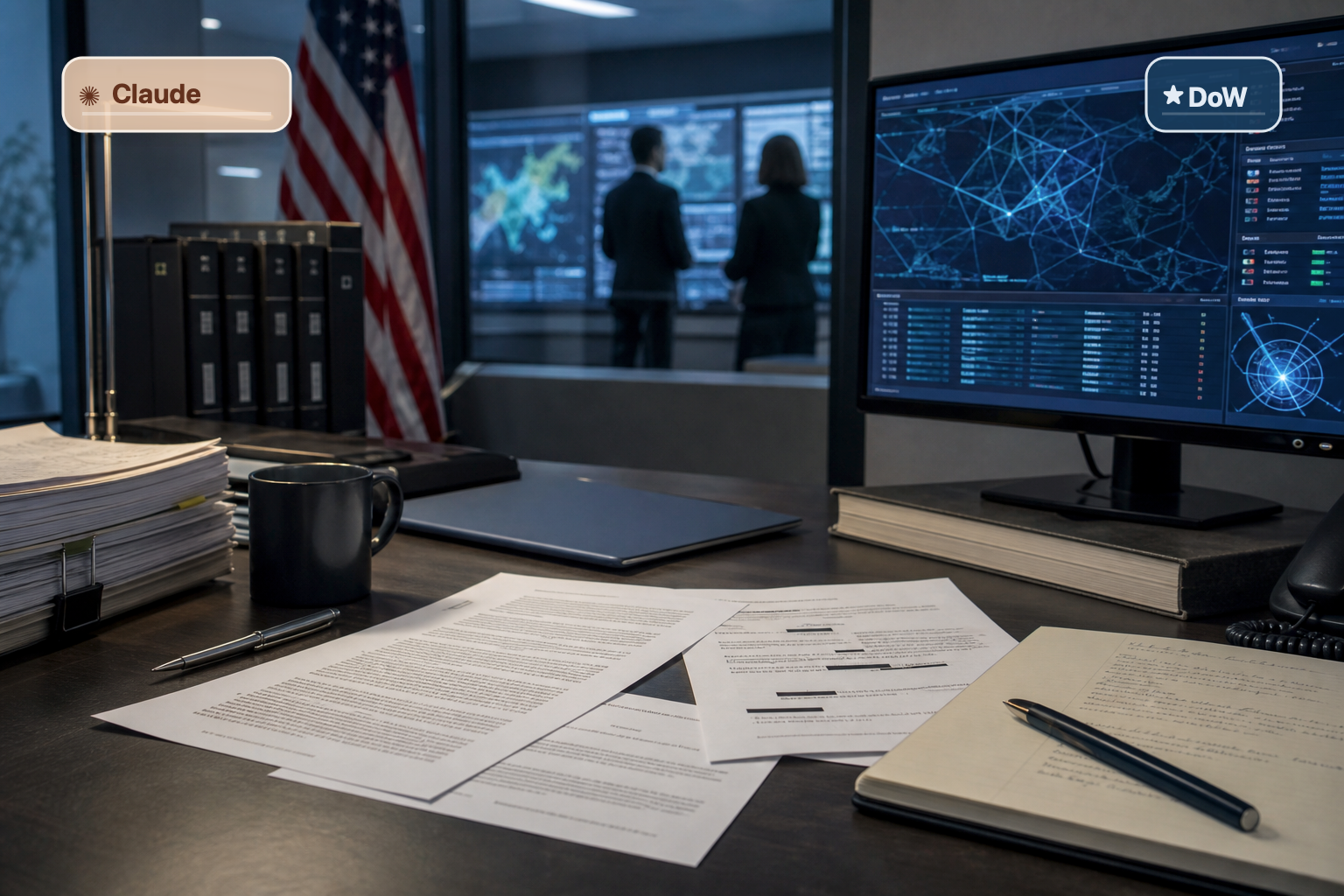 Editorial legal-tech image for Anthropic's AI procurement litigation, highlighting supply-chain-risk designations, constitutional limits, and federal contracting pressure.