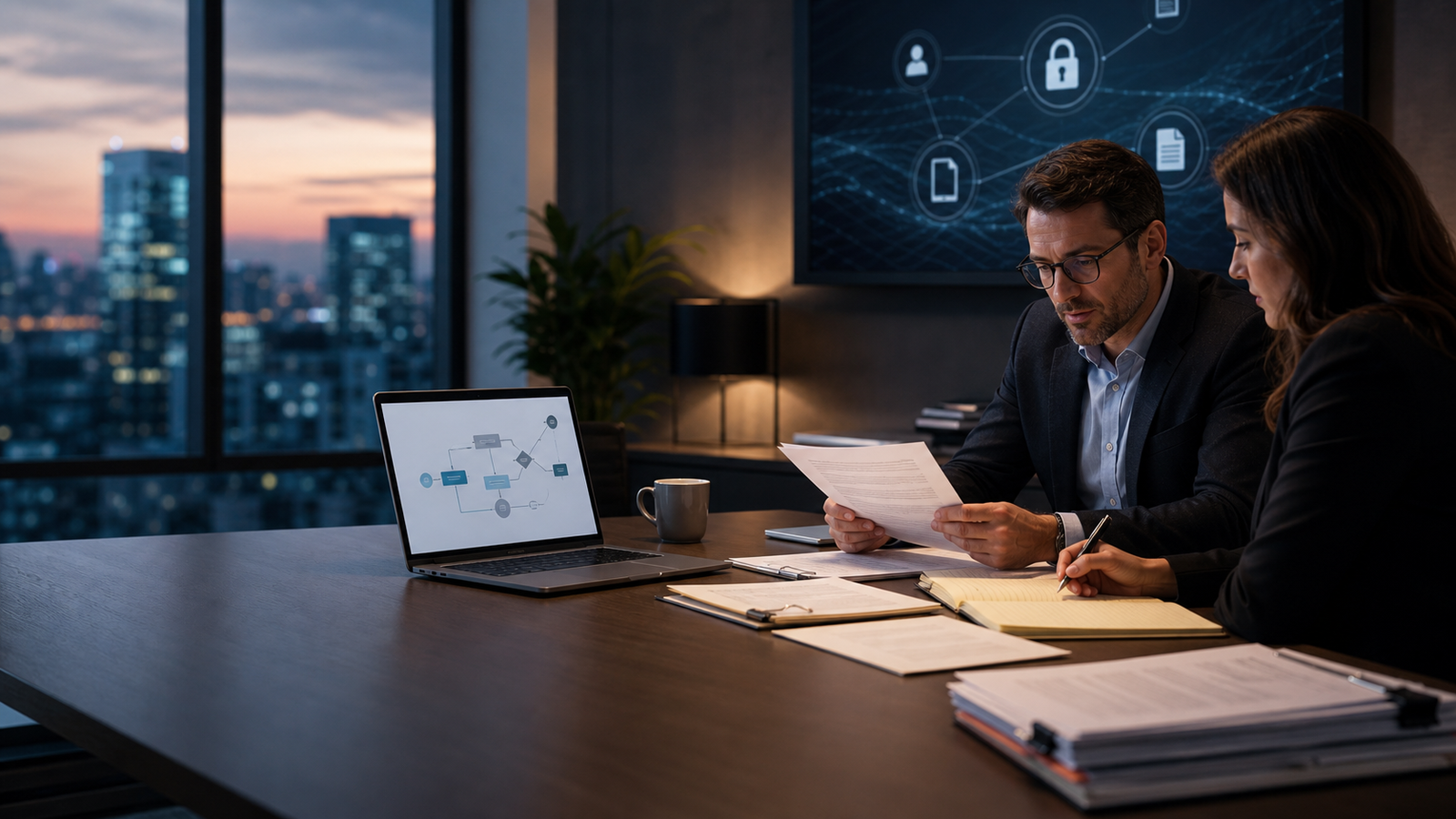 Two legal and compliance professionals review chatbot conversation-governance documents beside a laptop workflow diagram and privacy-control display in a modern office.