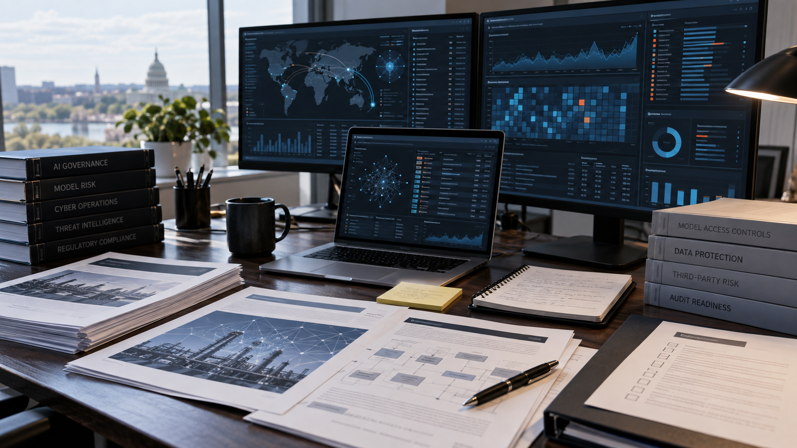 Editorial legal-tech image showing AI model access monitoring, cybersecurity dashboards, legal compliance materials, and federal policy review.