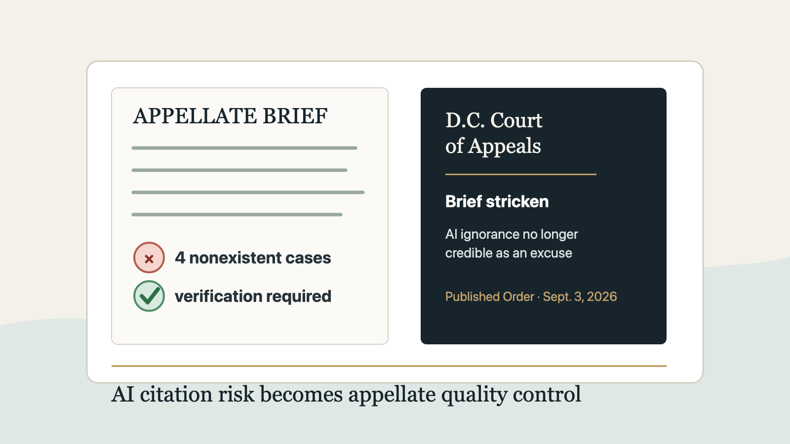 Editorial legal-tech image showing an appellate brief, citation check marks, and a D.C. Court of Appeals order about AI-generated citation verification.