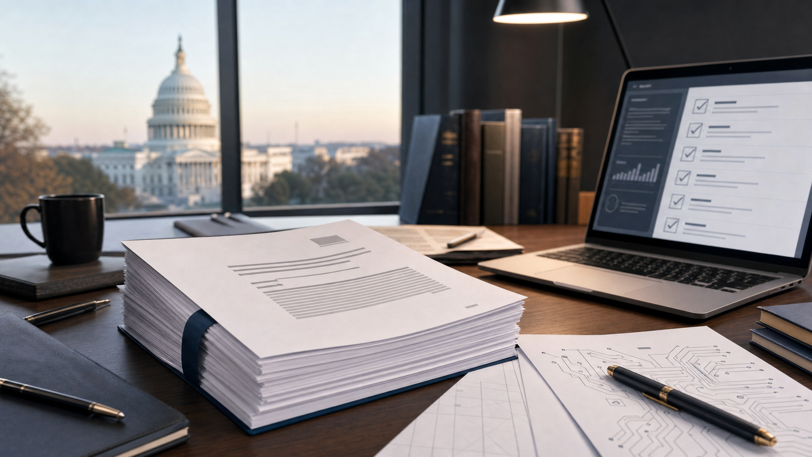 Editorial legal-tech image showing federal AI oversight documents, audit checklists, and frontier-model governance controls.