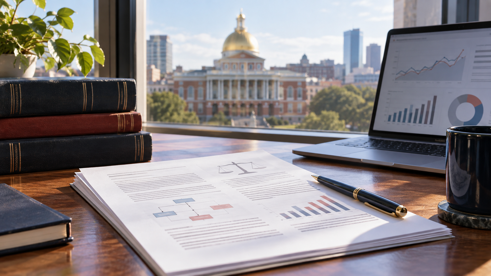 Editorial desk with legislative materials and a laptop overlooking the Massachusetts State House, illustrating AI policy review.
