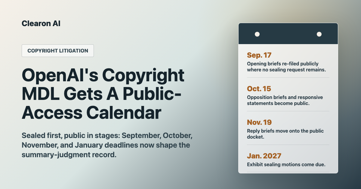 Editorial image showing a public-access calendar for sealed OpenAI copyright MDL summary-judgment filings.