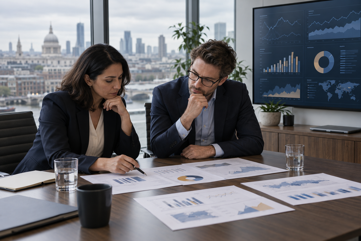 Illustrative financial-services risk reviewers examining customer-outcome charts and AI oversight materials.