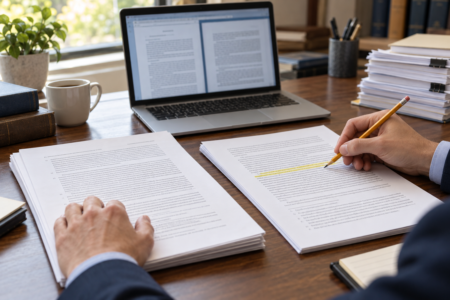 Editorial illustration of a legal reviewer cross-checking marked paper documents against a laptop and source materials.