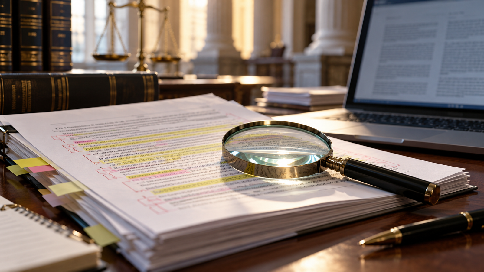 Legal brief with highlighted citations and a magnifying glass on an appellate review desk, representing verification of AI-assisted filings.
