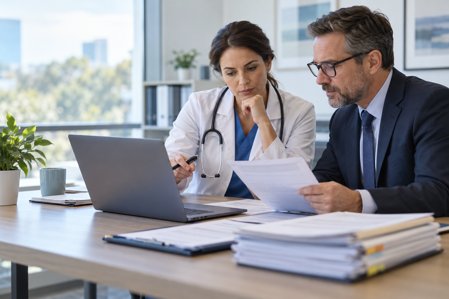 Clinician and compliance professional reviewing an AI-supported health-insurance utilization decision together