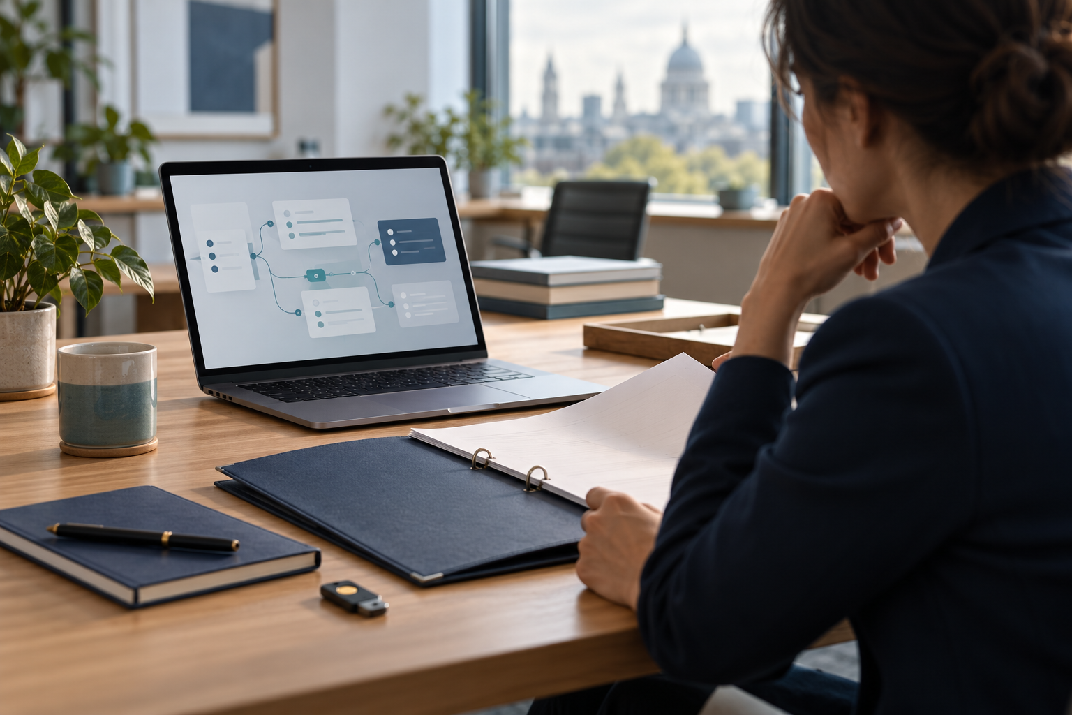 Illustrative office scene showing a person reviewing software-agent workflows and data-protection documents.