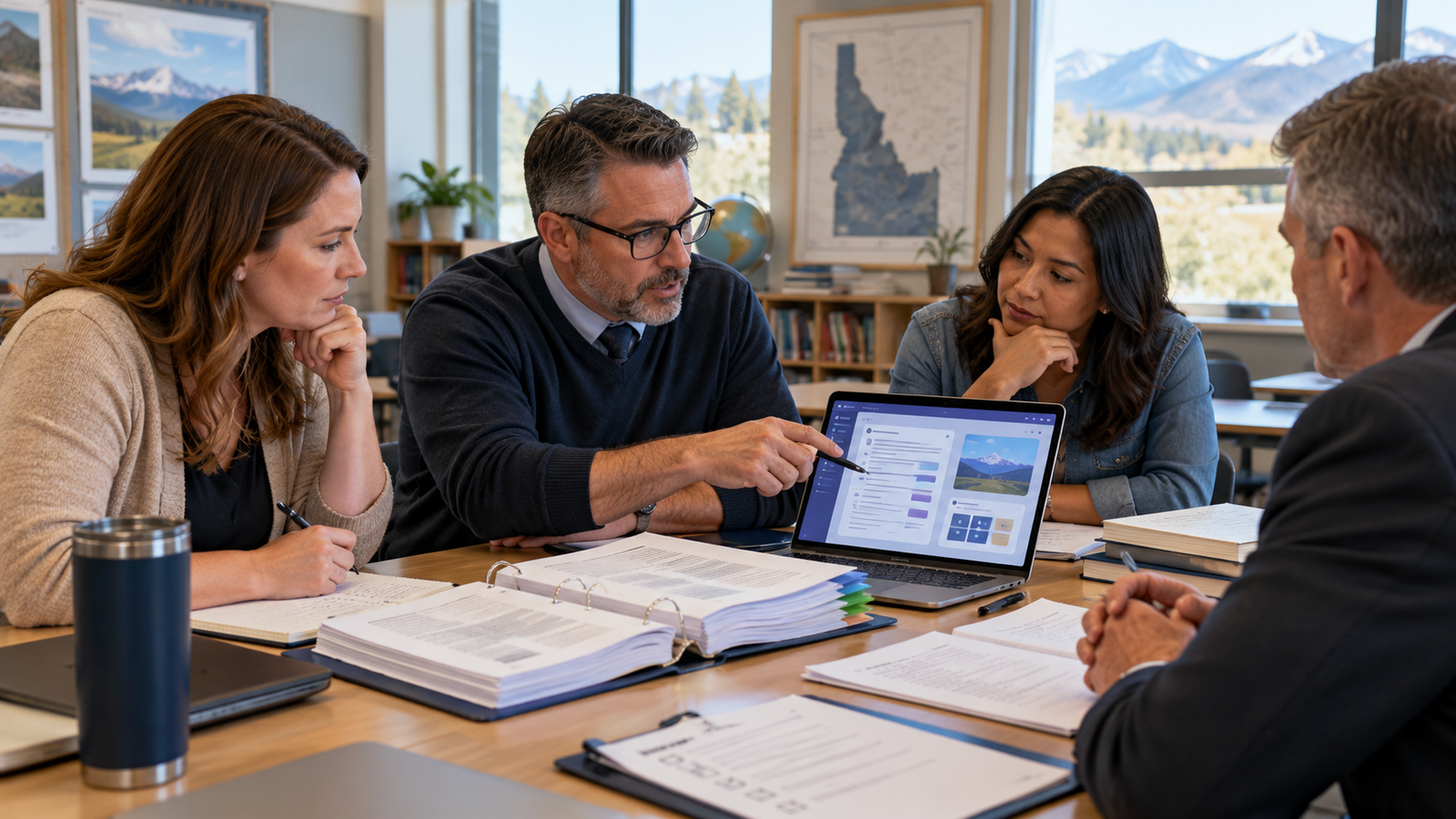 Educators and school administrators reviewing generative-AI governance, privacy, and human-oversight materials in a classroom meeting room.