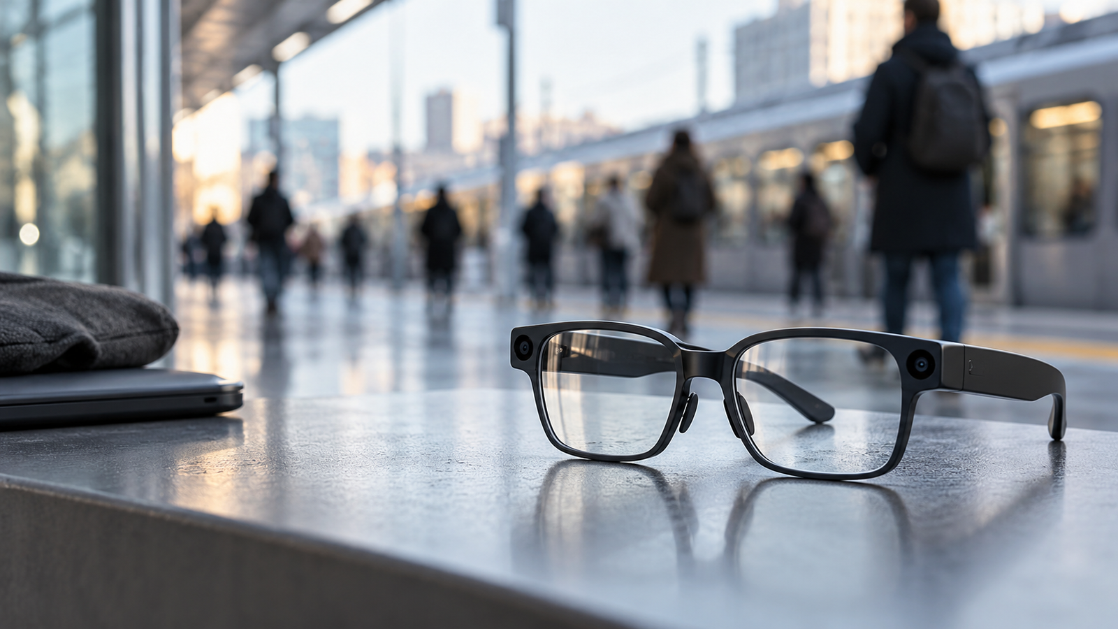 Smart glasses resting on a table in a softly blurred public transit setting, illustrating privacy and place-based wearable-AI policy.