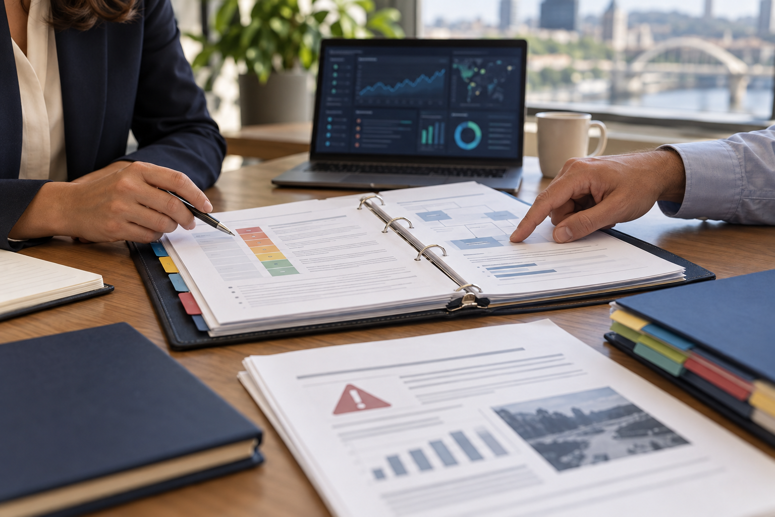 Editorial illustration of technology governance reviewers checking a risk-assessment binder, audit materials and an incident-review dashboard.
