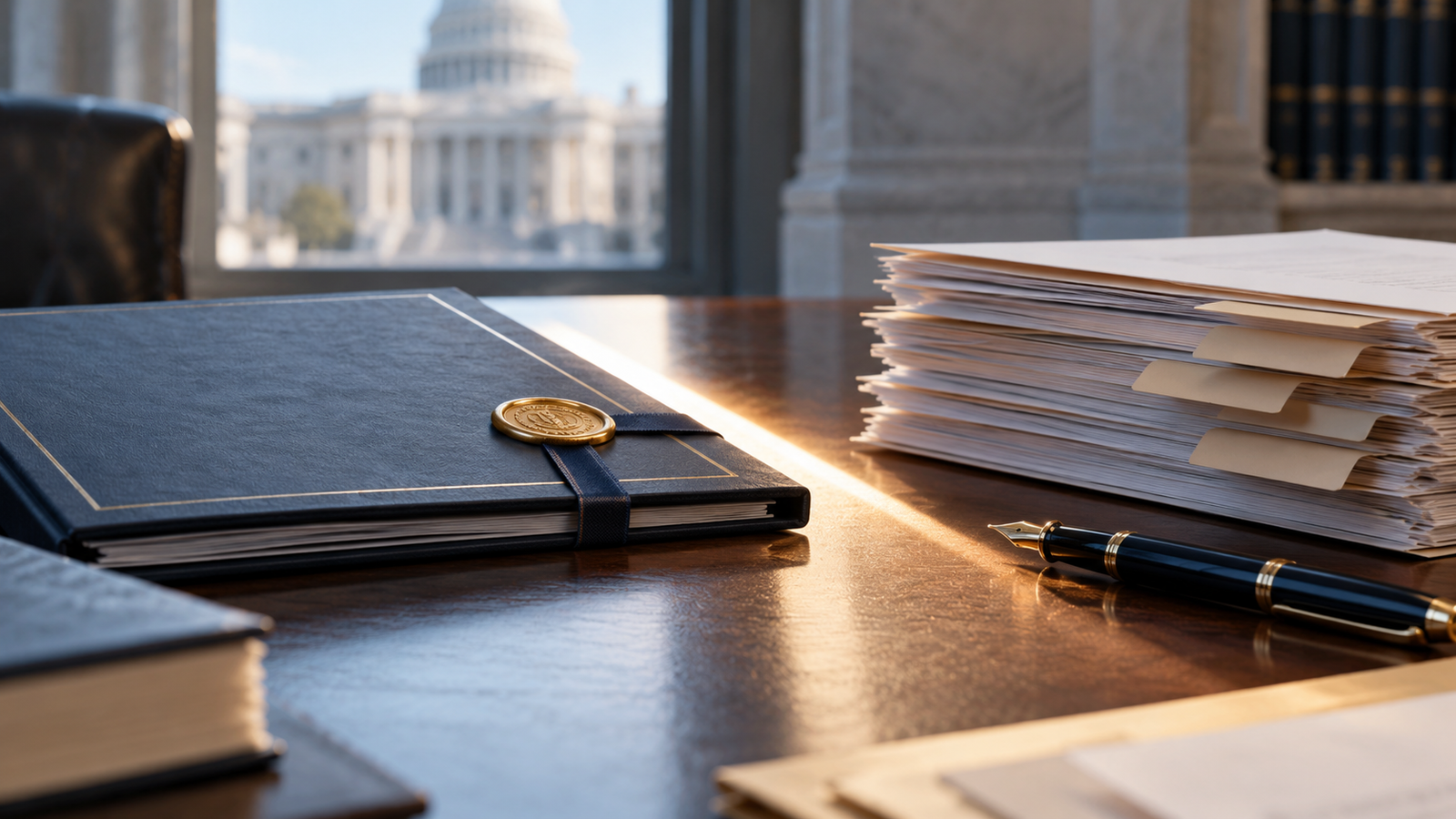 Government policy documents and a sealed folder on a desk with a blurred institutional building beyond, illustrating the boundary between agency terminology and statutory law.
