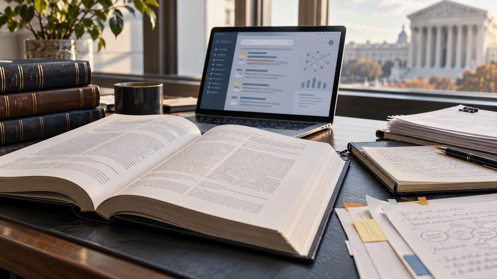 Editorial legal-tech workspace with an appellate opinion, legal research books, training-data notes, and a laptop showing abstract search results.