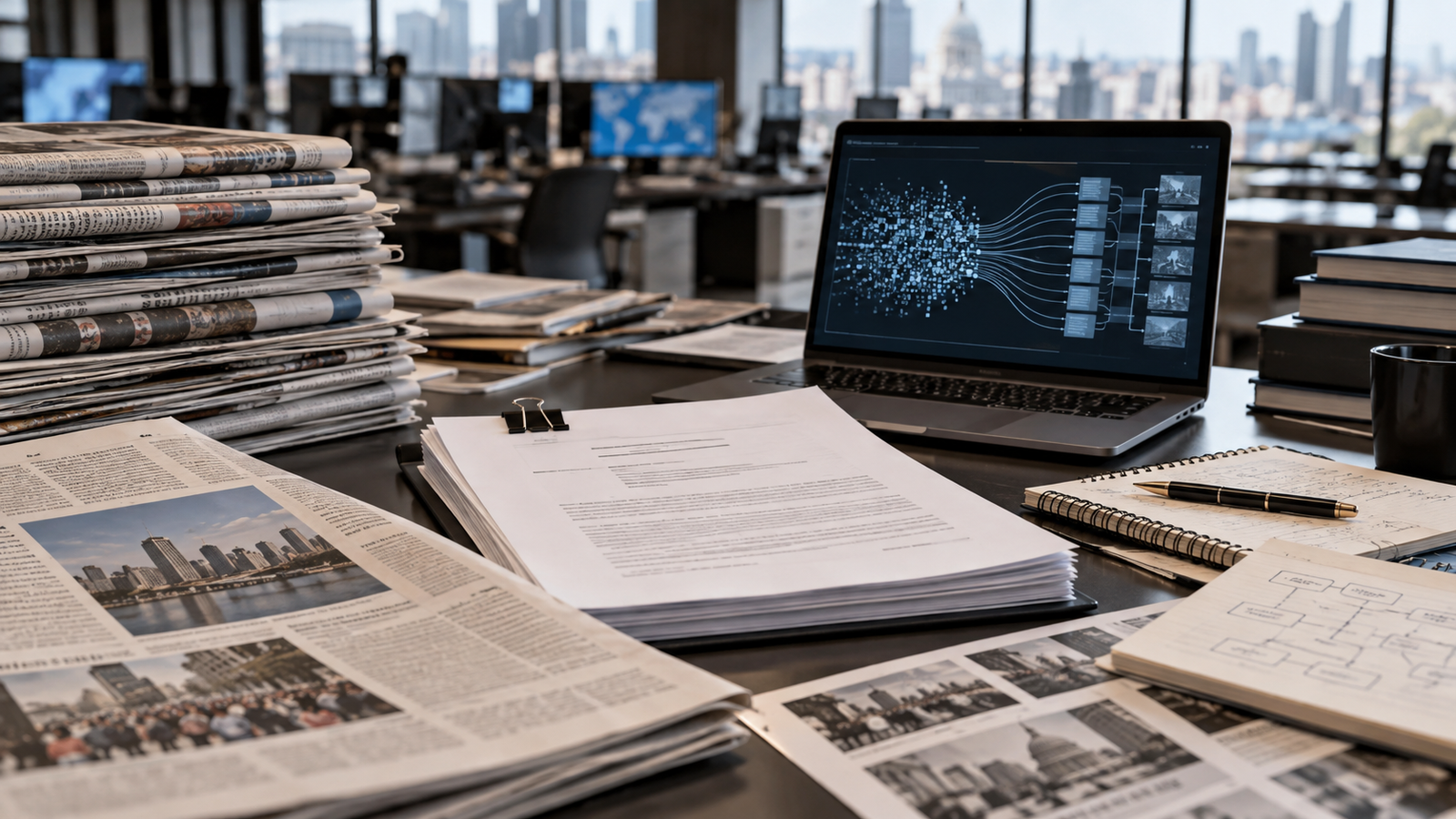 Editorial newsroom desk with newspaper pages, a filed civil complaint, and an abstract AI model-training diagram representing publisher copyright litigation.